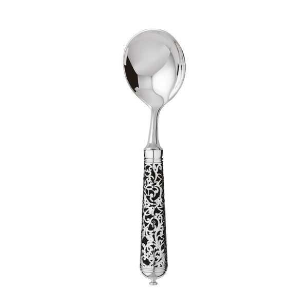 Sterling silver bouillon spoon with deep bowl and black handle adorned with arabesque detailing.
