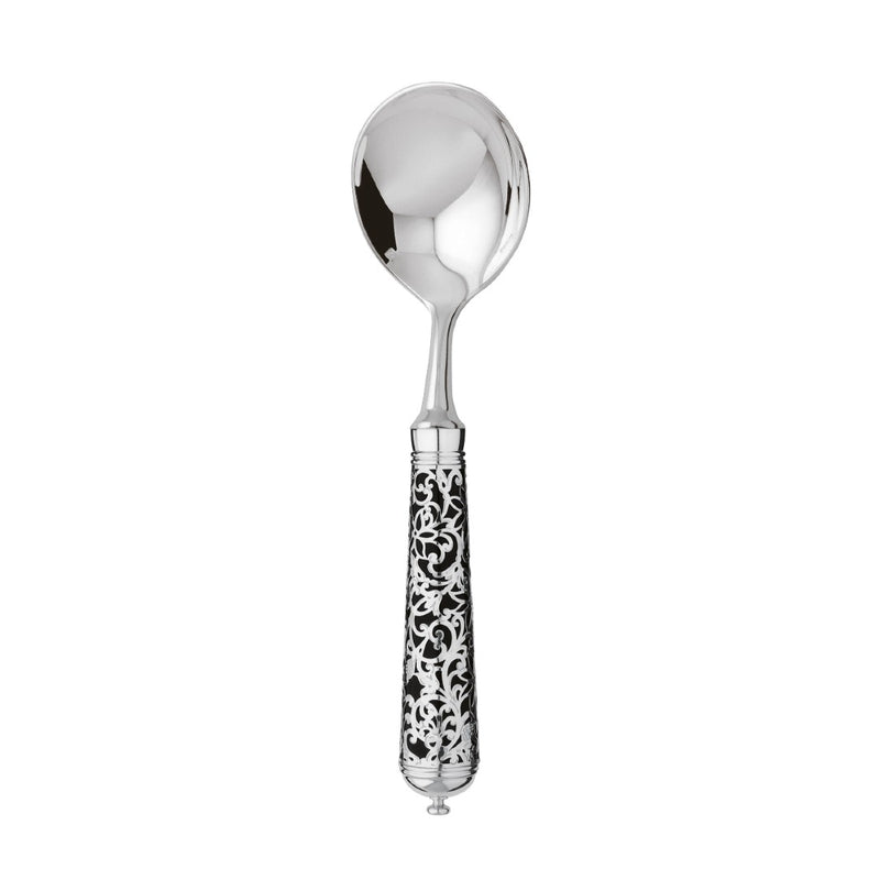 Sterling silver bouillon spoon with deep bowl and black handle adorned with arabesque detailing.