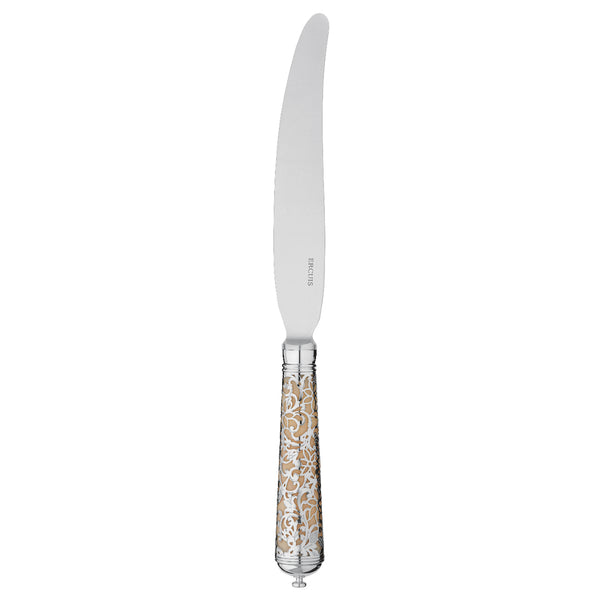 Elegant sterling silver dinner knife with refined silhouette and polished finish.