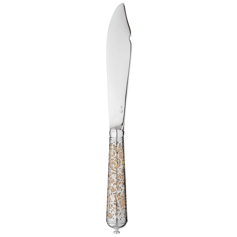 L’Insolent Ivory fish knife with sterling silver blade and arabesque handle on elegant table.