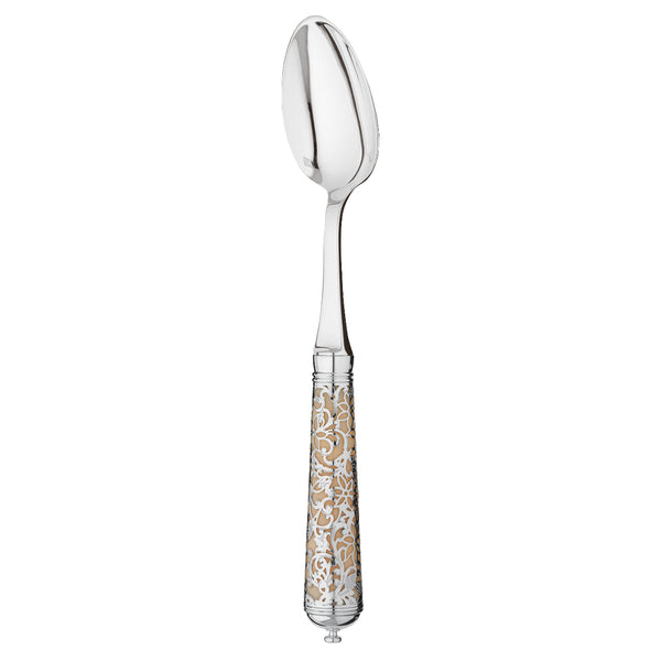 L’Insolent Ivory after-dinner tea spoon fully in sterling silver with arabesque handle on table.