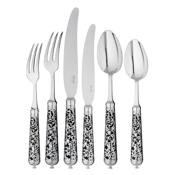 Complete 36-piece L’Insolent Black sterling silver cutlery set with contrasting black handles.