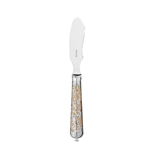 L’Insolent Ivory butter serving knife fully in sterling silver with arabesque handle on table.