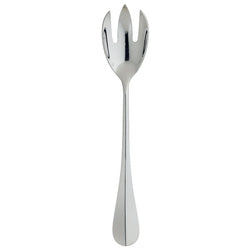 Silver-plated salad serving fork with three wide prongs and polished tapered handle from the Ercuis Baguette collection.