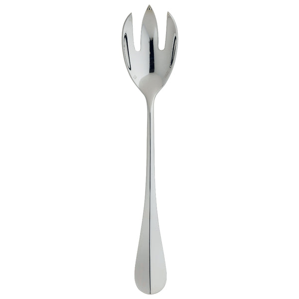 Silver-plated salad serving fork with three wide prongs and polished tapered handle from the Ercuis Baguette collection.
