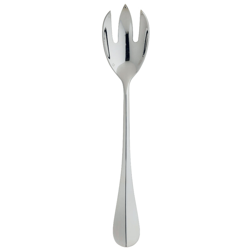 Silver-plated salad serving fork with three wide prongs and polished tapered handle from the Ercuis Baguette collection.
