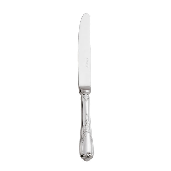 Du Barry silver-plated dessert knife with slim polished blade and floral handle in Louis XV aesthetic by Ercuis.