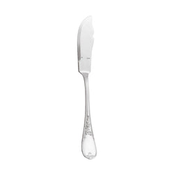 Du Barry silver-plated fish knife by Ercuis with broad blade and floral handle in Louis XV aesthetic.
