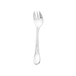 Du Barry silver-plated oyster fork with three prongs and ornate handle in Louis XV aesthetic by Ercuis.