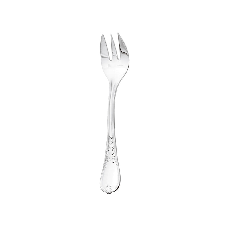 Du Barry silver-plated oyster fork with three prongs and ornate handle in Louis XV aesthetic by Ercuis.