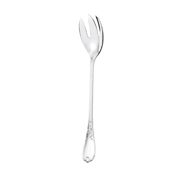 Silver-plated Du Barry salad serving fork with curved prongs and decorative Louis XV-inspired handle.