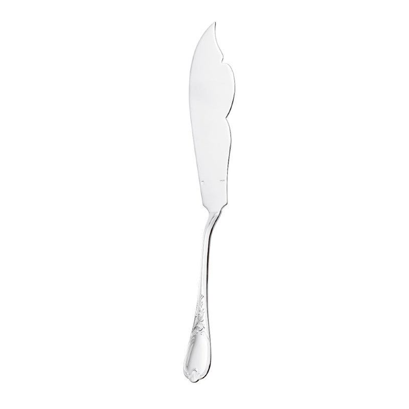 Silver-plated Du Barry fish serving knife with wide curved blade and ornate Louis XV-inspired handle.