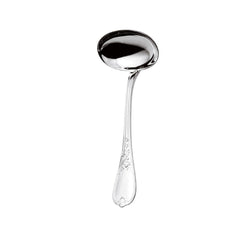 Silver-plated Du Barry gravy ladle with deep round bowl and ornate Louis XV handle.