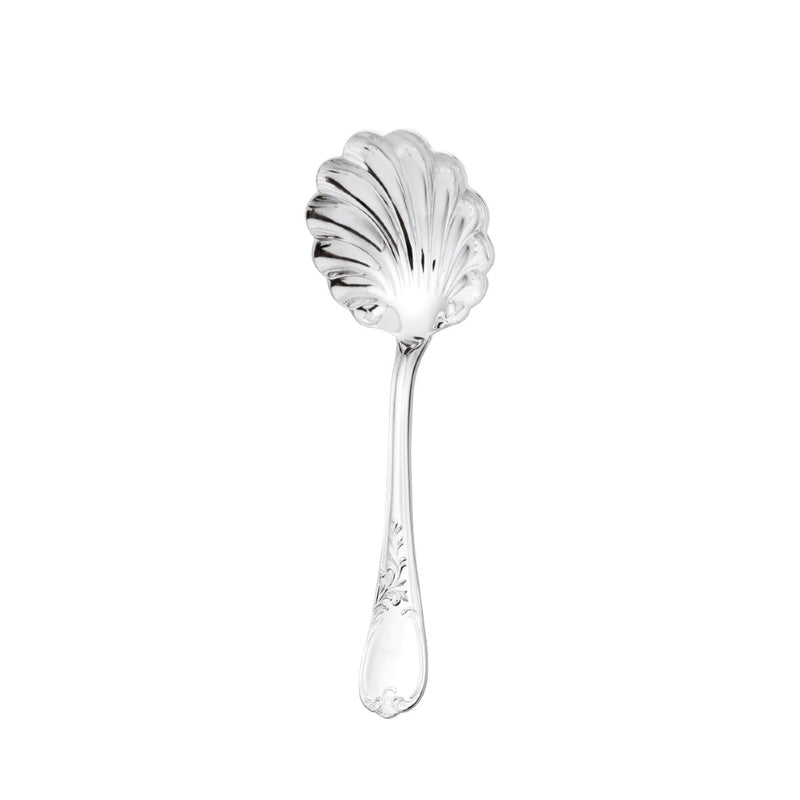 Silver-plated Du Barry sugar spoon with rounded bowl and ornate floral handle by Ercuis.
