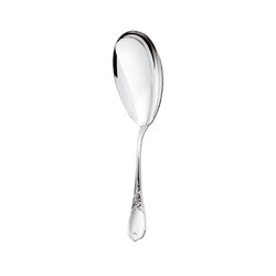 Silver-plated Du Barry ladle with elongated oval bowl and ornate handle.