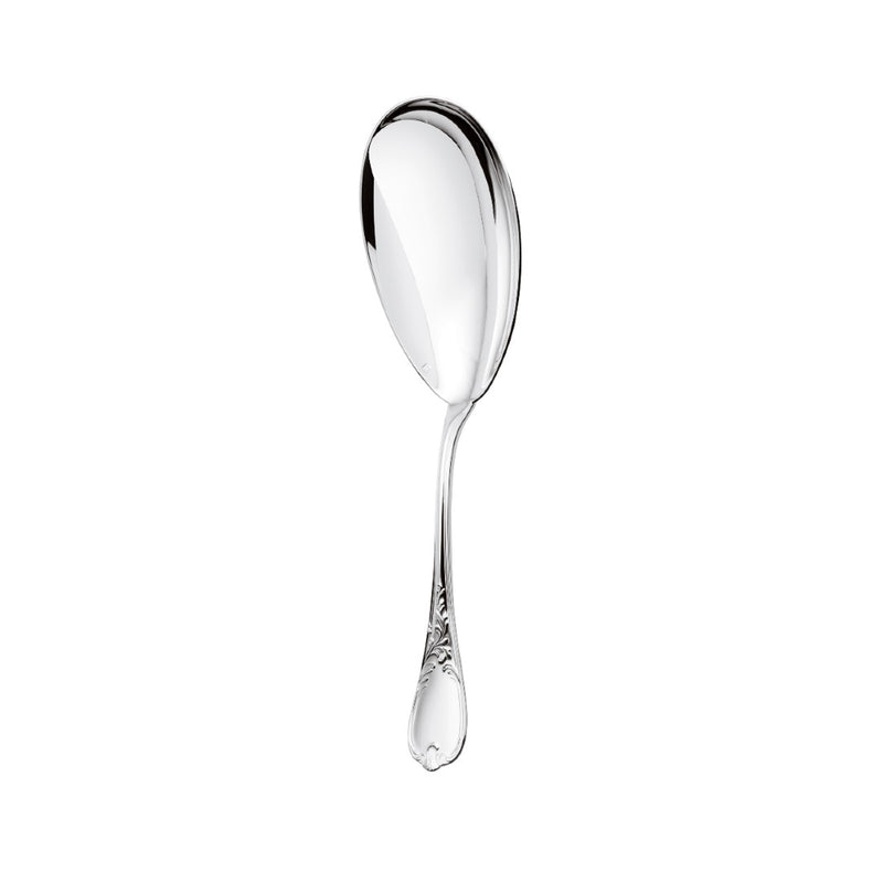 Silver-plated Du Barry ladle with elongated oval bowl and ornate handle.
