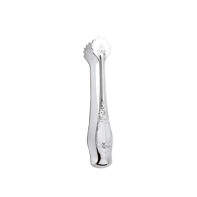 Silver-plated Du Barry sugar tongs with ornate floral handle and curved tips by Ercuis.