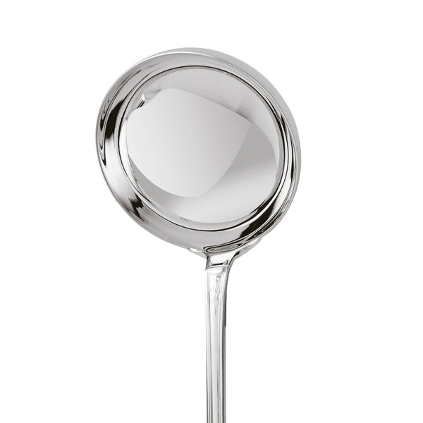 Soup ladle Lauriers silver plated close-up on its round bowl.