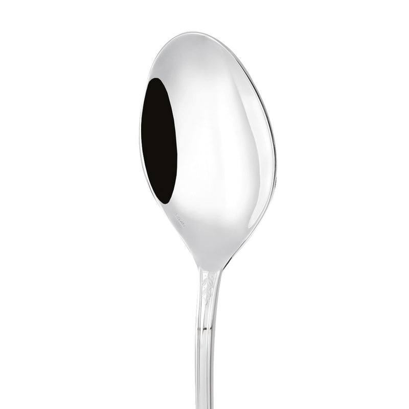 Serving spoon Lauriers silver plated close-up on its bowl.