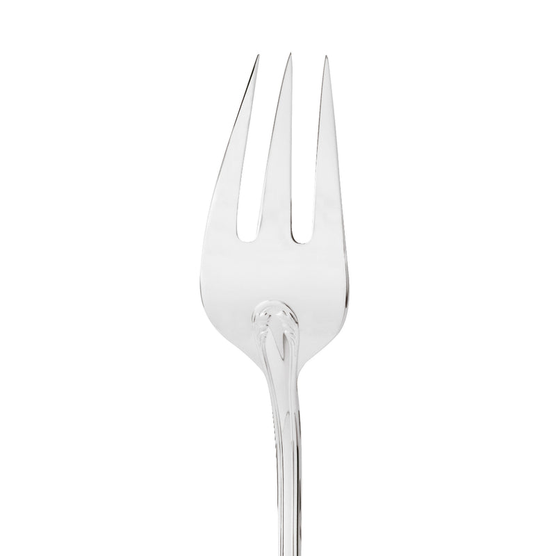 Serving fork Lauriers silver plate close-up on its three tines.