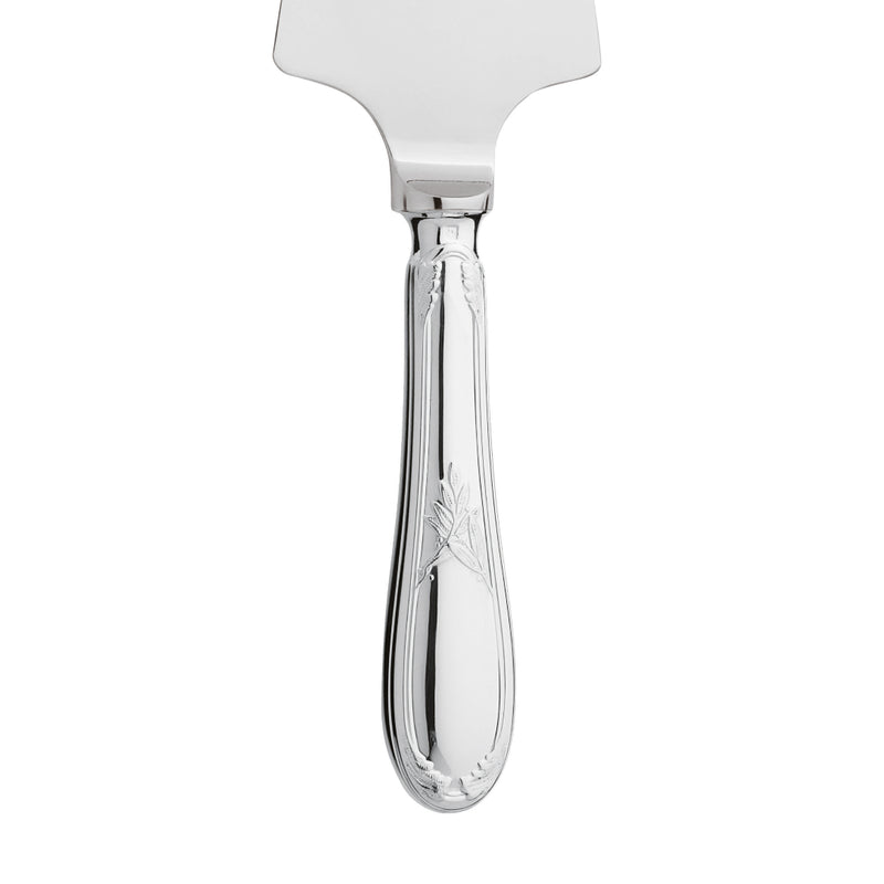 Cake server sharp silver plated with laurel motif handle close-up.