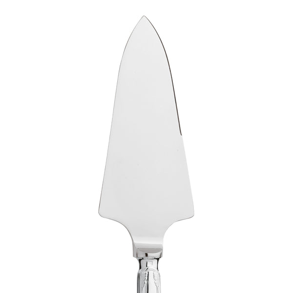 Cake server sharp silver plated close-up on its wide blade.