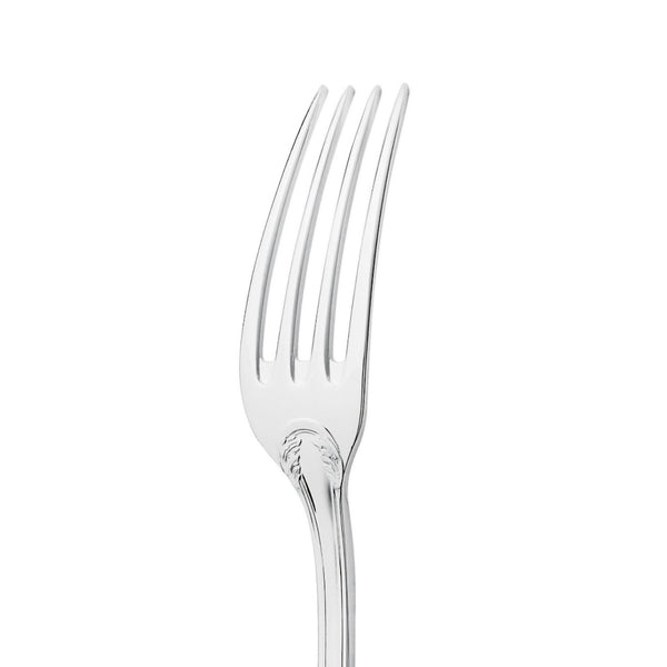 Place Fork Lauriers Silver Plated with laurel motif handle, close-up on its tines.