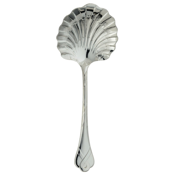 Silver-plated strawberry ladle with scalloped bowl and Paris ribbon motif.
