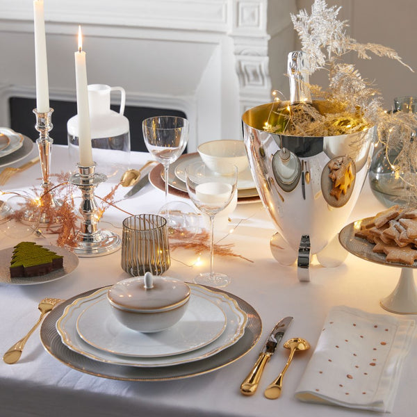 Baguette gold-plated dinner fork by Ercuis styled on festive tablescape.