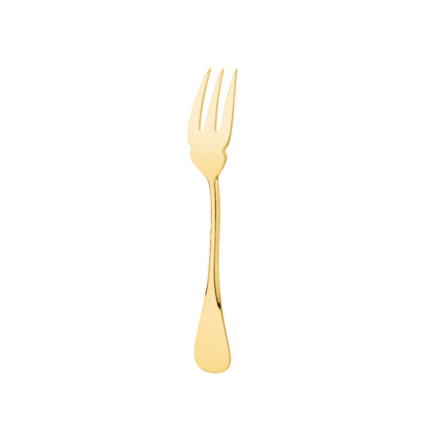 Ercuis Baguette gold-plated fish fork with three polished tines and smooth golden handle