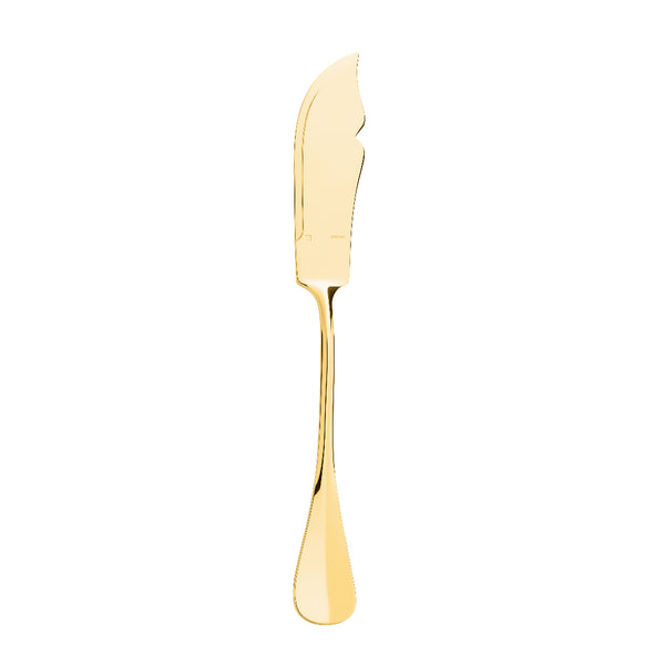 Ercuis Baguette gold-plated fish knife with polished curved blade and golden handle.