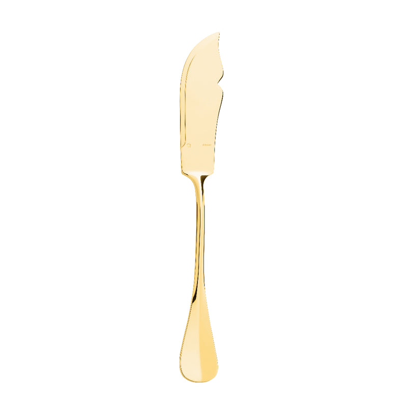 Ercuis Baguette gold-plated fish knife with polished curved blade and golden handle.