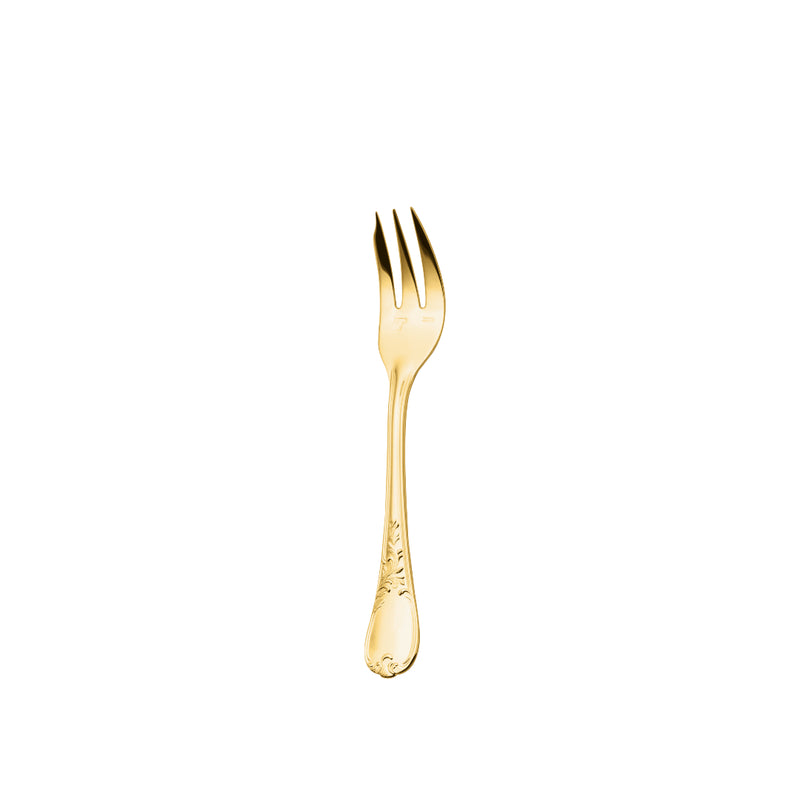 Ercuis Du Barry pastry fork in silver-plated gilded finish with ornate handle.