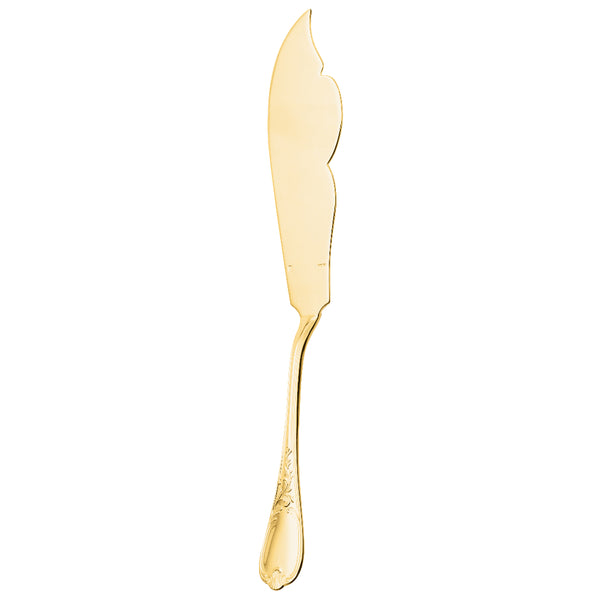 Ercuis Du Barry fish serving knife with curved blade and ornate gilded handle.