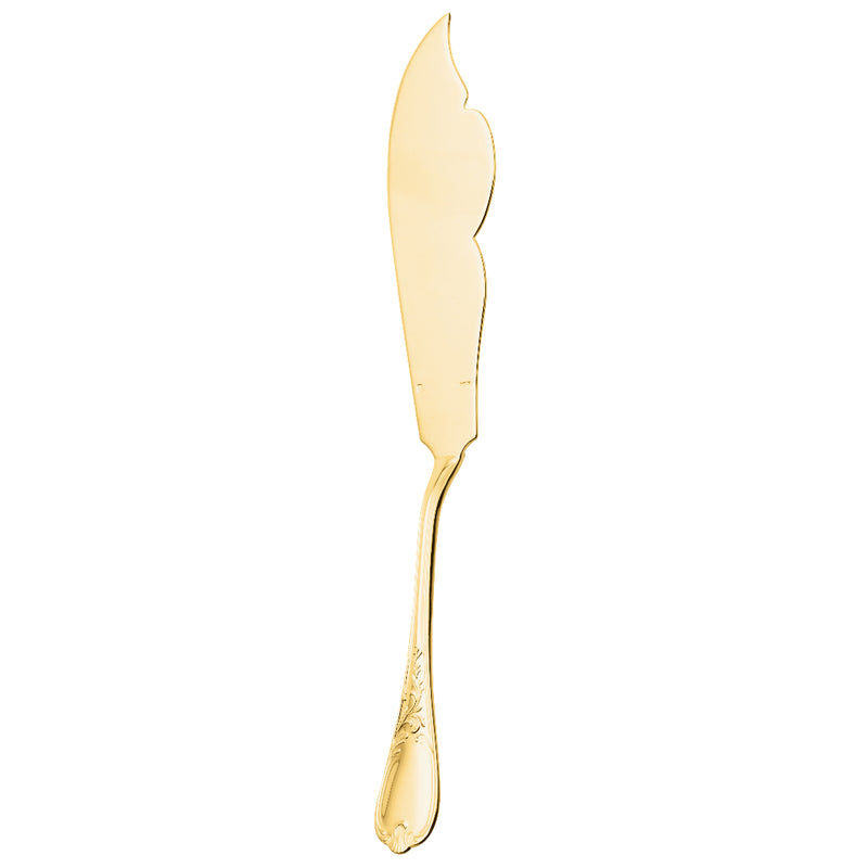 Ercuis Du Barry fish serving knife with curved blade and ornate gilded handle.