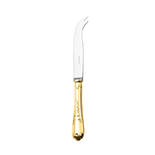 Ercuis Du Barry cheese knife with two prongs in silver-plated gilded finish.