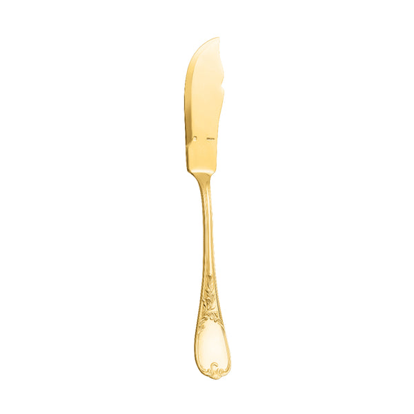 Du Barry fish serving knife by Ercuis, silver-plated with gilded Rocaille floral handle.