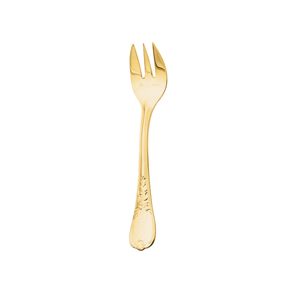 Ercuis Du Barry oyster fork, silver-plated with gold finish and Rocaille floral handle
