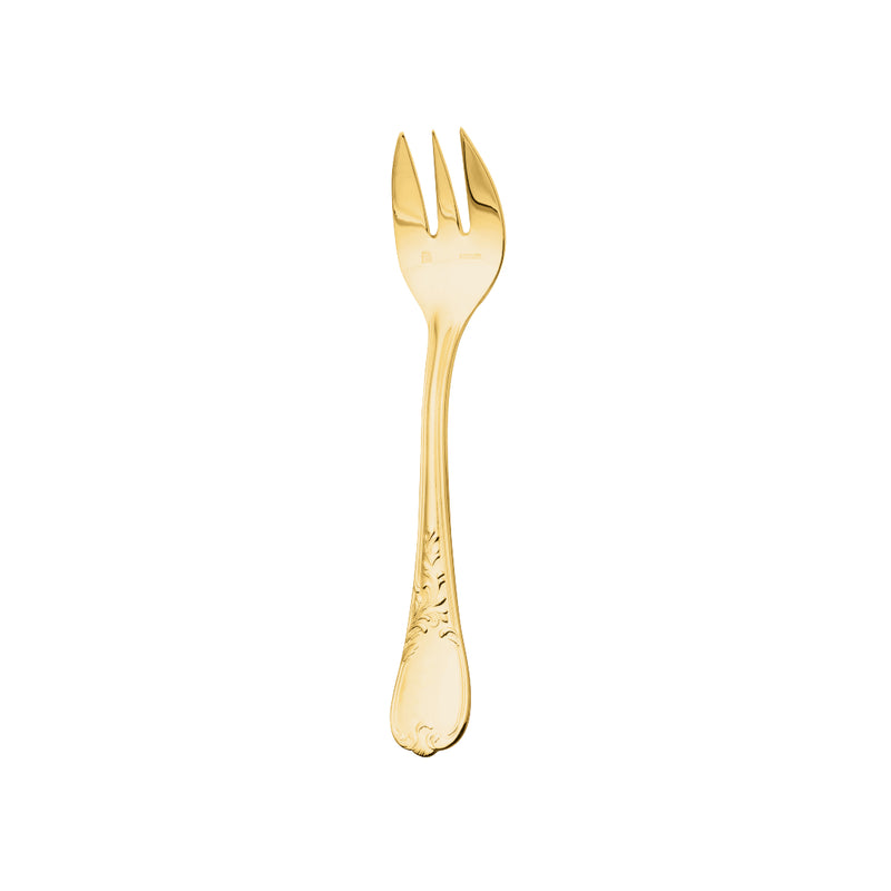 Ercuis Du Barry oyster fork, silver-plated with gold finish and Rocaille floral handle