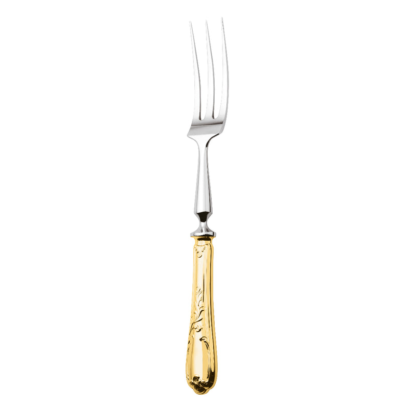 Ercuis Du Barry carving fork with silver-plated gilded handle and long prongs.