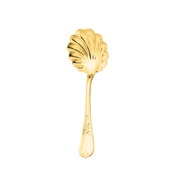 Ercuis Du Barry sugar spoon with shell-shaped bowl in silver-plated gilded finish.