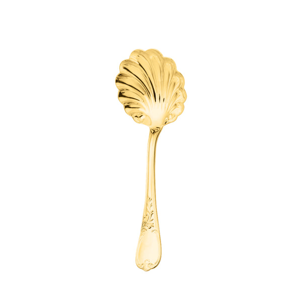 Ercuis Du Barry sugar spoon with shell-shaped bowl in silver-plated gilded finish.