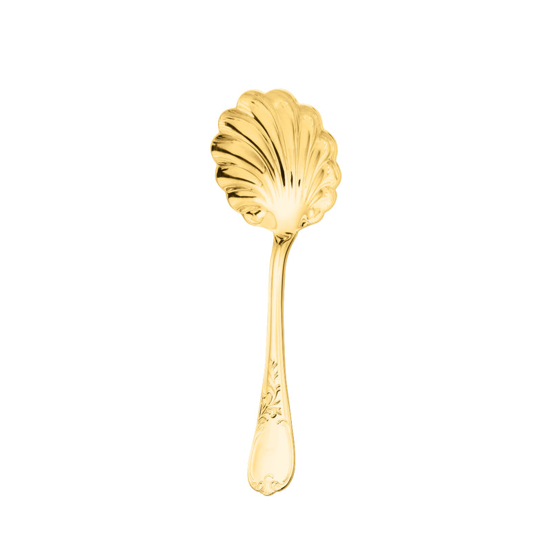 Ercuis Du Barry sugar spoon with shell-shaped bowl in silver-plated gilded finish.