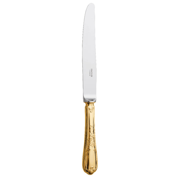 Du Barry dinner knife by Ercuis, silver-plated with gilded Rocaille floral handle.