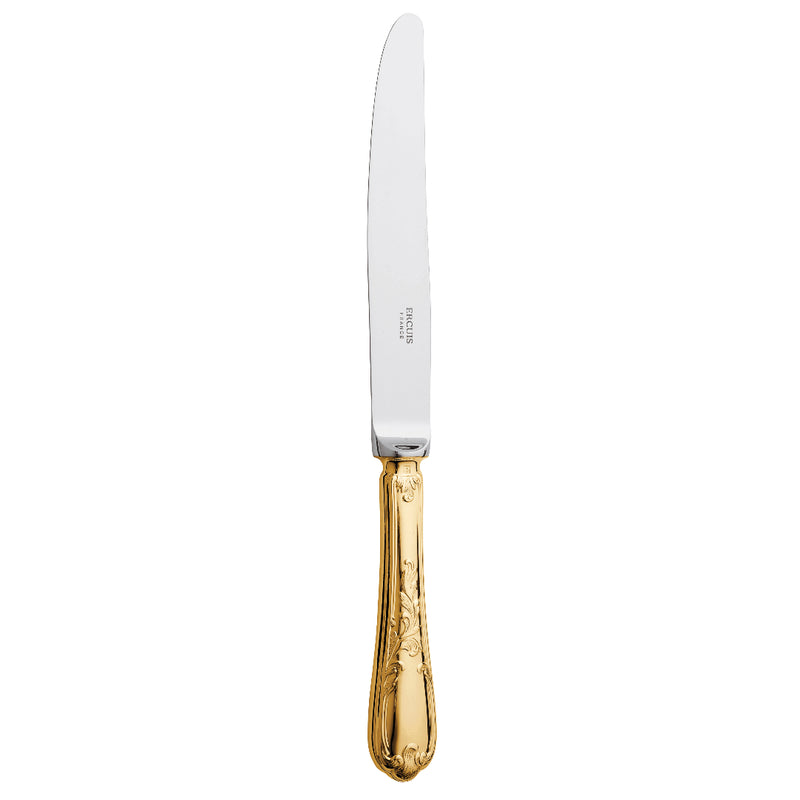 Du Barry dinner knife by Ercuis, silver-plated with gilded Rocaille floral handle.