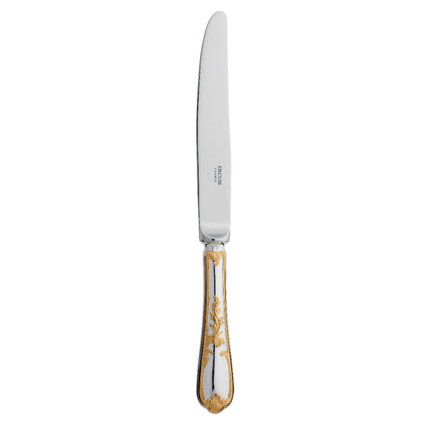 Du Barry dinner knife by Ercuis in silver plate with gilded Louis XV inspired handle.