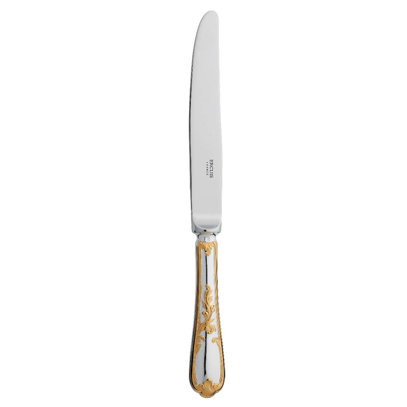 Du Barry dinner knife by Ercuis in silver plate with gilded Louis XV inspired handle.