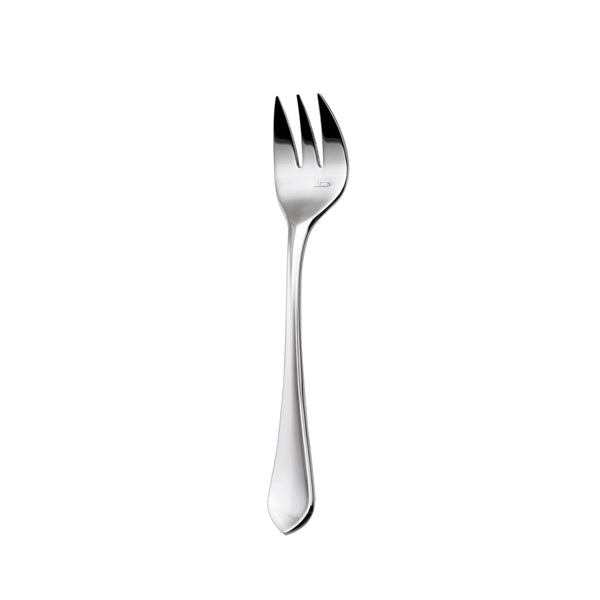 Luxury oyster fork from Ercuis Citeaux collection in polished stainless steel with three curved prongs.
