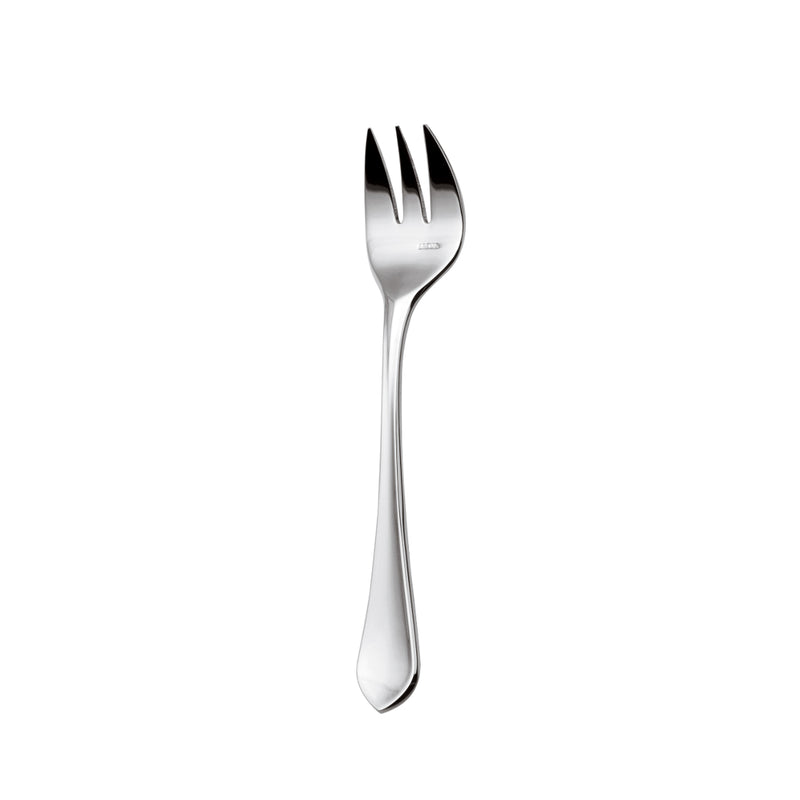 Luxury oyster fork from Ercuis Citeaux collection in polished stainless steel with three curved prongs.