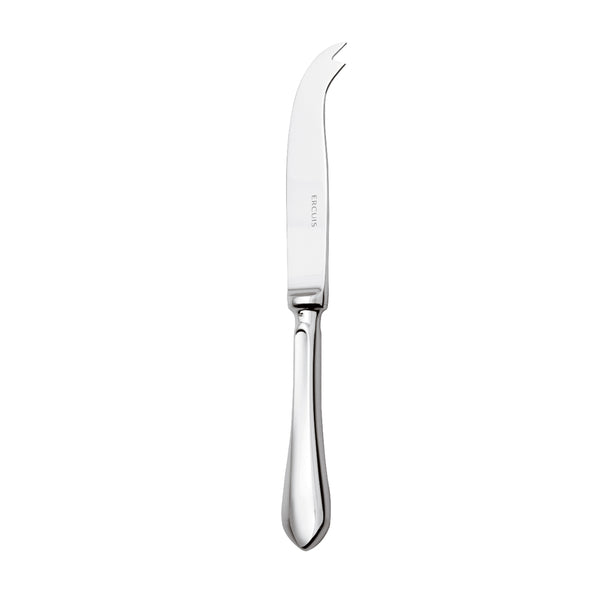 Citeaux cheese knife by Ercuis in stainless steel with curved blade and two prongs for elegant cheese cutting and serving.